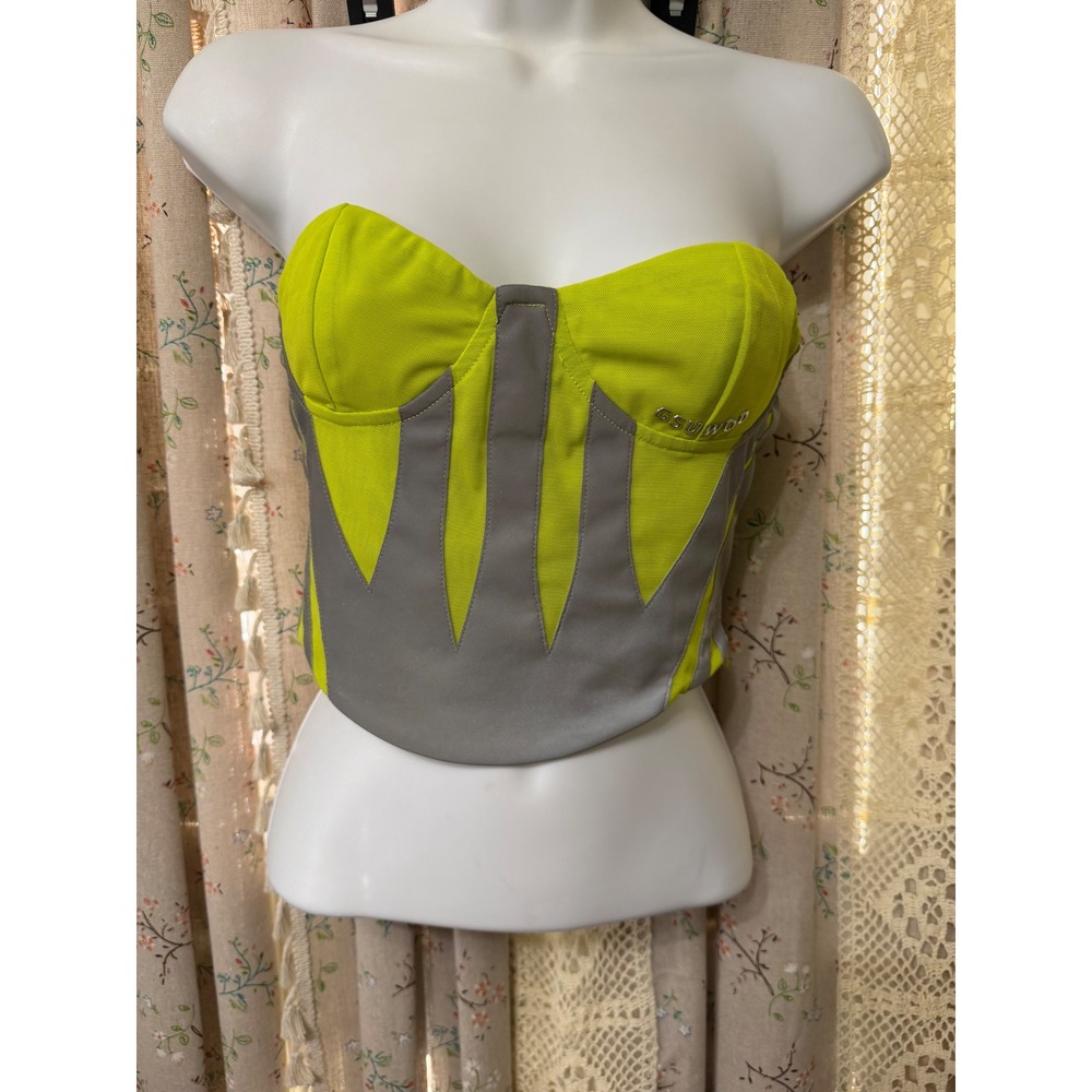 GSUWO Neon Green Reflective Mesh Corset Bustier Top Y2K Rave Techwear M